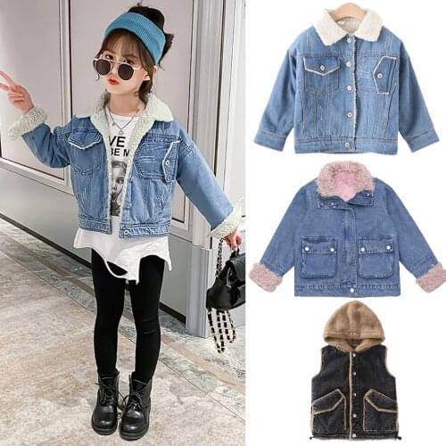 Girls Clothing Baby Coats Fur Collar Jackets Winter Autumn Kids Clothes Plus Thick Denim Children Outerwear Vest 2-12Y JYF