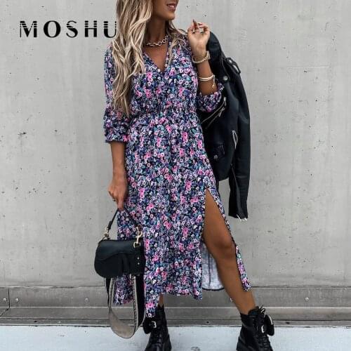 Floral Print Women Dress Boho Elegant Party Split Long Dress Sexy Female V Neck Long Sleeve Beach Maxi Dresses Ladies Vestidos