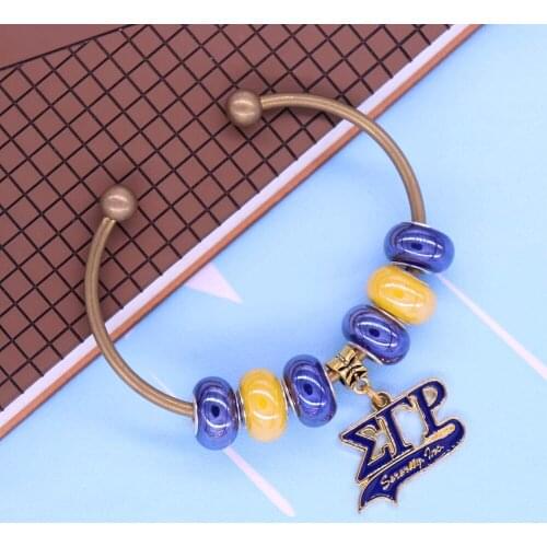 Drop Shipping Blue Yellow Beaded Greek Letter Sigma Gamma RHO Bangles Sorority Open Bracelets