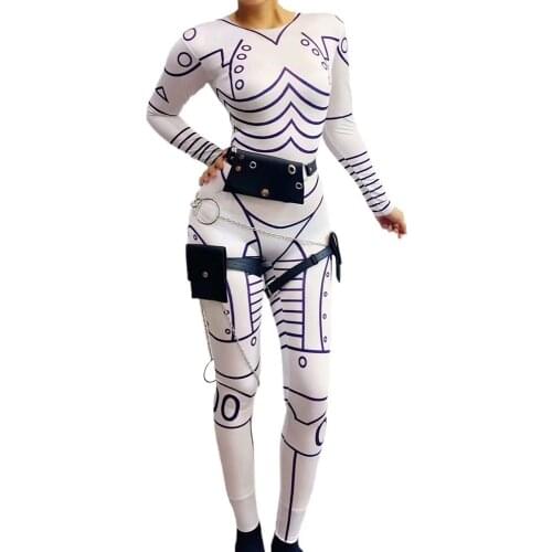 Novelty Robot Punk Style Bodysuits White Printed Women Stretch Jumpsuit Halloween Masquerade Stage Christmas Carnival Costume