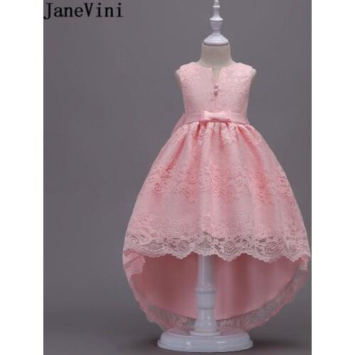 JaneVini Pink Lace High Low Flower Girl Dresses for Weddings Floor Length Big Bow Back Lace Girls Pageant Prom Dress Ball Gown
