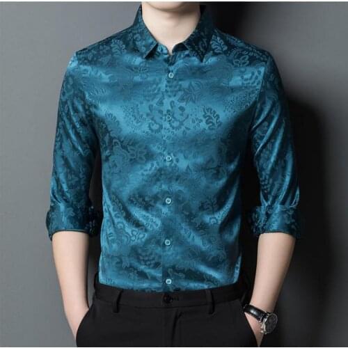 Royal Blue Real Silk Dress Shirts Mens Satin Wedding Elegant Fashion Mens Clothing Gentlemen Large Size Office Dresses Smooth