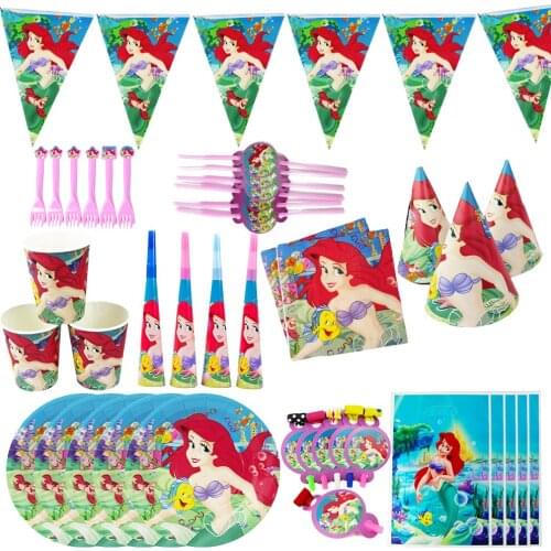 Mermaid Ariel Happy Birthday Mermaid Ariel Girls Baby Shower Party Decoration Banner Table Cloth Straws Cup Plates Supplier