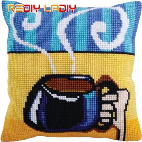 DIY Cross Stitch Cushion Cover Hot Coffee Needlepoint Kits Pre-Printed Canvas Thick Yarn Cross-stitch Pillow Case Art and Crafts