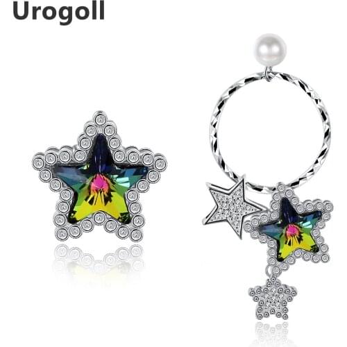 Noble New Europe Fashion earrings Star asymmetrical ear loops Crystal 925 silver Pearl Earrings Women Gift