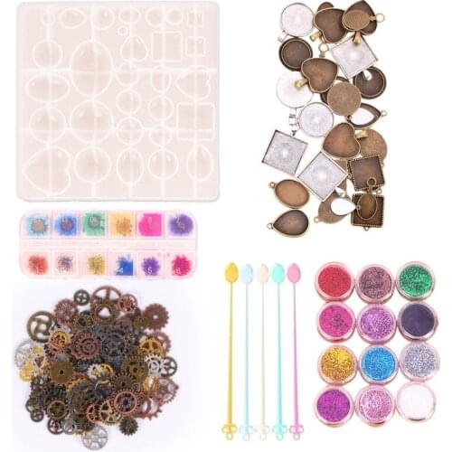 Silicone Resin Molds Jewelry Making Kit Includes Silicone Mold, Stirring Rods,Crystal Bases, Resin Glitter and Gears