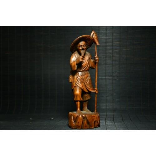 8"China Lucky Old Boxwood Hand-carved Fisherman statue Old man fishing Fish every year Office Ornaments Town House Exorcism