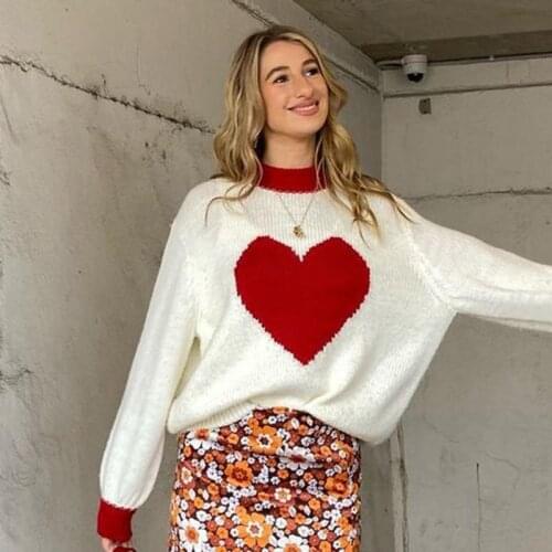 Heart Print Knitted Oversized Fashion Sweater 2021 Winter White Vintage Long Sleeve Y2K Pullover O Neck Casual Pullover Sweater