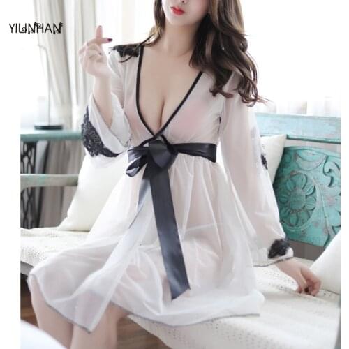 YILINHAN Sexy Lingerie Elegant Tulle Nightdress V-neck Waist Sexy Perspective Temptation Lace Mesh Sexy Dress Erotic