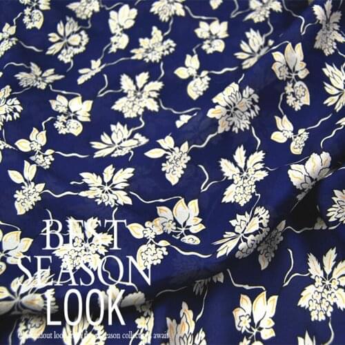 LEO&LIN 12 Mm Navy Cyan White Flower 100% Silk Created Creme Crepe Spring Summer Dress Shirt Half Skirt Fabric Fabric 50cm