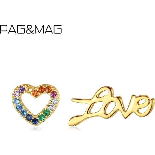 PAG&MAG 925 Sterling Silver Love Heart Asymmetry Stud Earrings for Women Muticolor Cubic Zirconia Anniversary Fine Jewelry