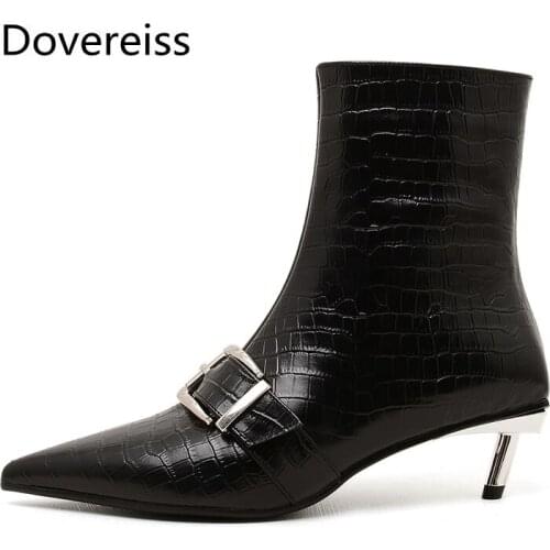 Dovereiss Fashion Womens Shoes Winter Elegant Mature Pure color Burgundy Buckle Pointed toe Stilettos heels ankle boots 34-39
