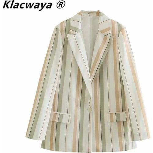 Klacwaya Women 2021 Fashion Single Button Printed Linen Stripes Blazer Coat Vintage Long Sleeve Pocket Female Outerwear Chic Top