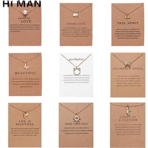 New Design Simple Paper Card Feather Pearl Dragonfly Alloy Necklace Women Fashion Charm Clavicle Chain Girlfriend Gift Wholesale