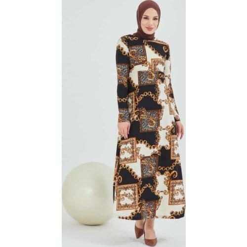Female Ecru Black Chain Decorated Hijab Belted Dress
