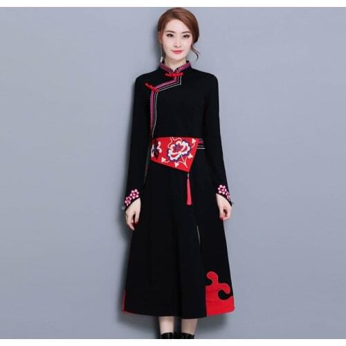 Womens Fashion Vintage Slim Big Yards Chinese Style embroidered Dress High Quality Casual Stand cheongsam Dress Female Vestidos