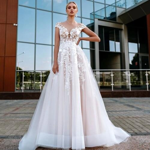 Short Sleeve Pink Wedding Dresses Boho O Neck Applique Lace Bridal Gowns 2021 Tulle Vestido de Noiva Back Button Wedding Dress