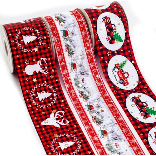 Gold Foil Printed Grosgrain Ribbon Christmas Cartoon Gift 50 Yards 75mm 3''inch for Diy Hair Bow Accessories Decoration