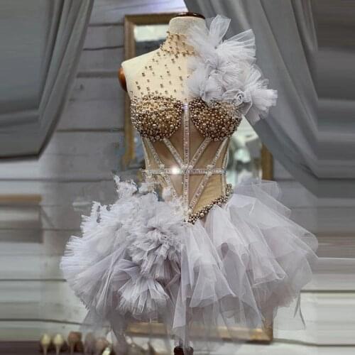 2021 Sexy Gray Tulle Beading Short Prom Cocktail Dresses See Thru Backless Mini Party Gowns Real Image Ruffles Homecoming Dress