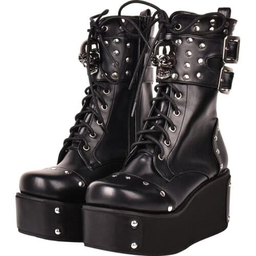 Angelic imprint mori girl Women motorcycle punk boots lady lolita Boots woman high heels pumps wedges shoes rivets skull 33-47