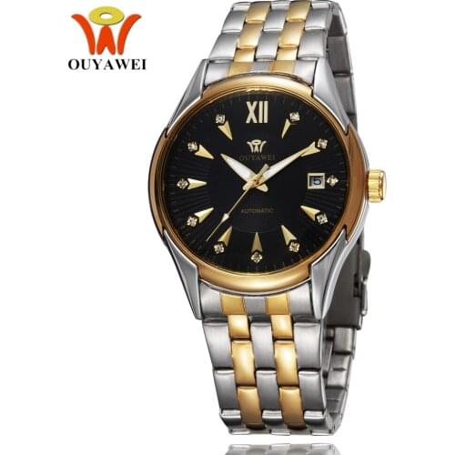 OUYAWEI Brand Luxury Gold Hand Wind Mechanical Men Wristwatch reloj hombre 30M Waterproof Full Steel Black Dress Male Watch Gift
