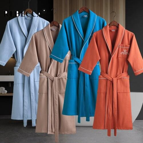100%Cotton Waffle Bathrobe Men Women Spring Summer Three Quarter Sleeve Absorbent Bath Robes Female Lapel Kimono Dressing Gown