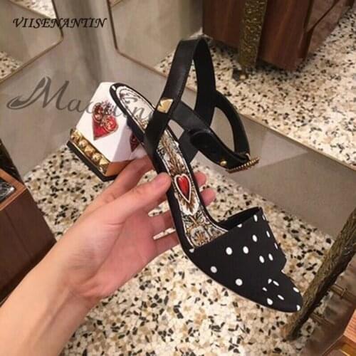 Cowhide Stitching Retro Polka Dot Fabric with Open Toe Bright Diamond Thick Heel High Heels Color Matching Peach Heart Sandals