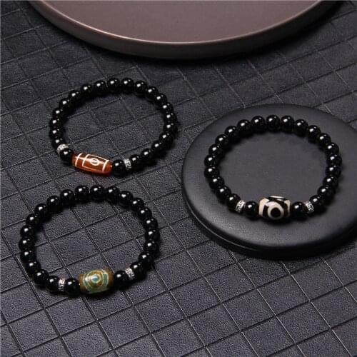 Tibetan Agat Bracelets Handmade Elastic Buddha Nine Eyes Dzi Agates Bracelet Men Black Polished Black Onyx Stone Beads Bangle