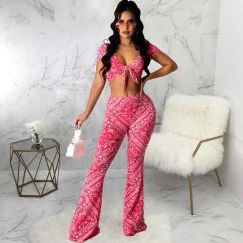 Black/rose Red Paisley Bandanna Print Two Piece Club Outfits for Women Bow Tie Short Sleeve Crop Top+flare Belle Bottom Pants