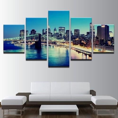 Painting Modular Building Picture Modern Cuadros 5 Panel City Night View Decoration Canvas Art Framework Wall For Living Room
