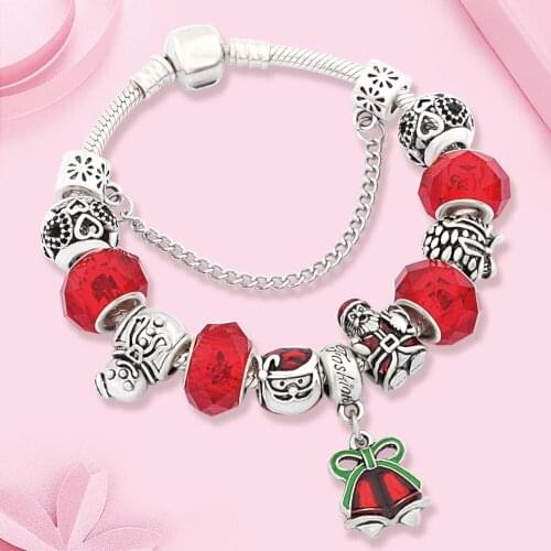 Classic Red Christmas Bell Santa Charm Bracelets Bangles Fashion Red Crystal Bead Bracelet Snowman Bracelet for Xmas Gift