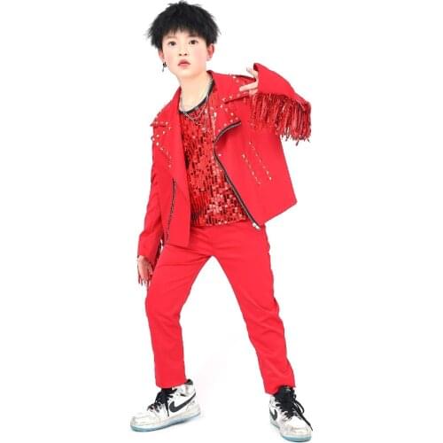 Hip Hop Costumes Red Fringed Jacket Sequined Vest Pants Boys Jazz Performance Clothing Children Street Dance Outfit DNV12463