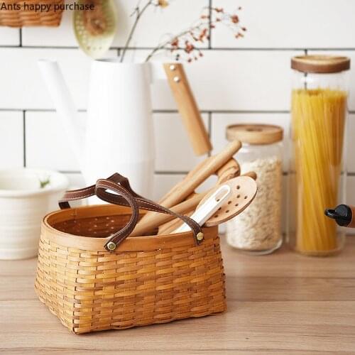 Japanese-style Hand Made Leather Binaural Woven Basket with Handle Weave Storage Basket Bread Fruit Basketes Decoration Crafts