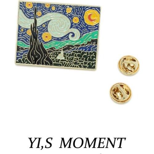 Van Gogh starry s Metal Cartoon circular Enamel Pin Cute Animal Jewelry Accessories Paint Brooch for Bags Clothes Caps Badge