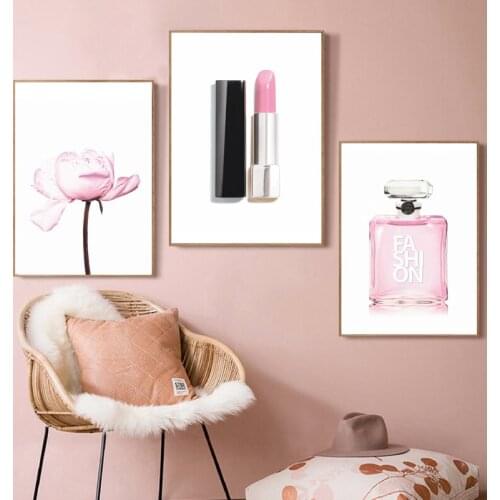 Pink Perfume Flower Lipstick Fashion Canvas Poster Girls Gift Makeup Wall Art Pictures Prints Beauty Salon Wall Decor Paintings