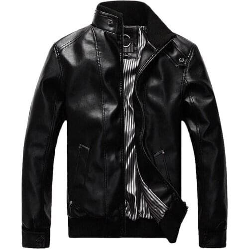 New Fashion Jackets Men Mandarin Collar PU Leather Coats Black Brown Solid Color Srping Autumn Biker Motorcycle Leather Jacket