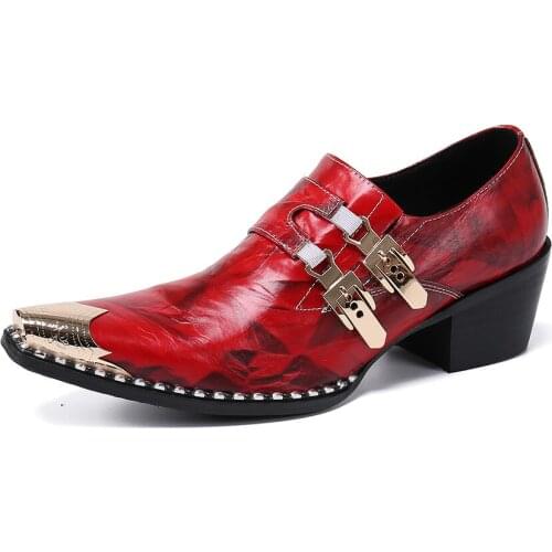 New Summer Casual Mens Classic Fashion Shoes Personality Metal Pointed Toe Cowhide Leather High-heeled Red Mens Shoes