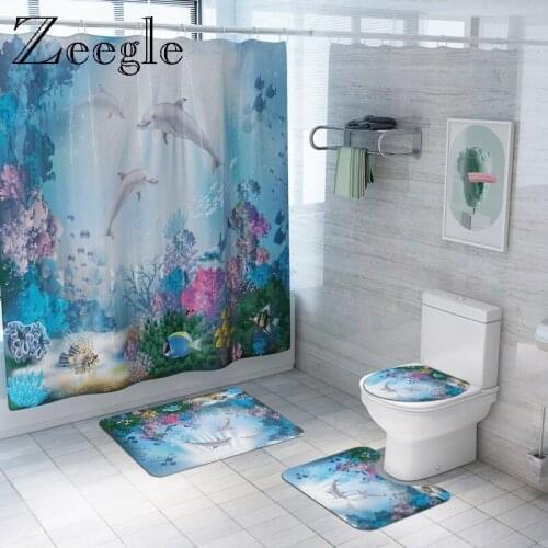Zeegle Printed Ocean World Bath Mat Set Creative Toilet Shower Curtain Anti-slip Bathroom Mat Modern Foot Rug Lid Toilet Cover