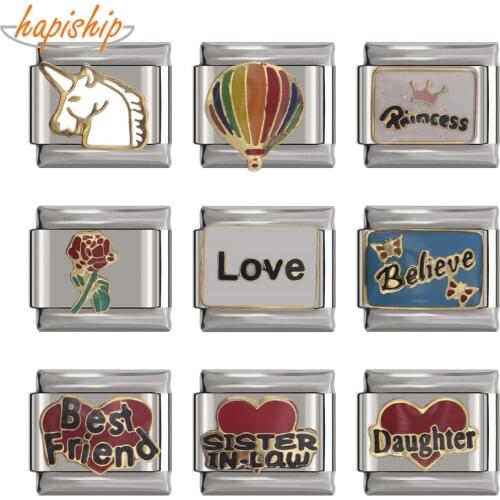 Hapiship 9mm Width Original Daisy Love Unicorn Elephant Best Friend Dad Flower Charm Fit Bracelet Stainless Steel Links DJ26