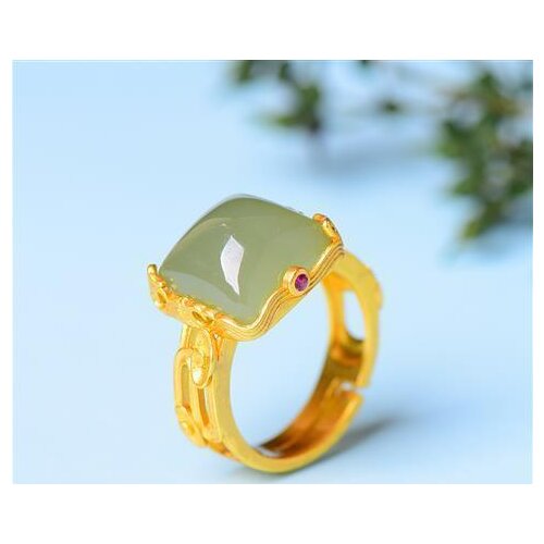 Natural Gemstone Design Sense Lucky Beads Index Finger Niche Opening S925 Ancient Gold Temperament Hetian Jade Ring Female Acces
