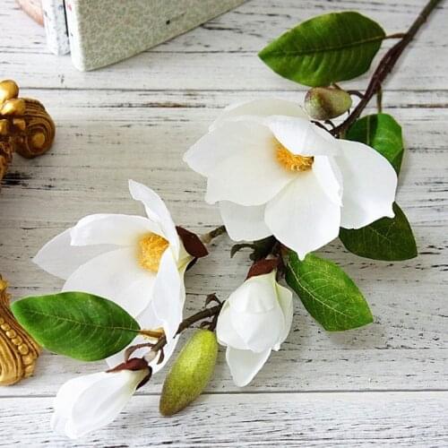 Luxury long stem 4Heads Artificial Magnolia Flower branch for home Wedding Decoration fake Flowers garden decor flores