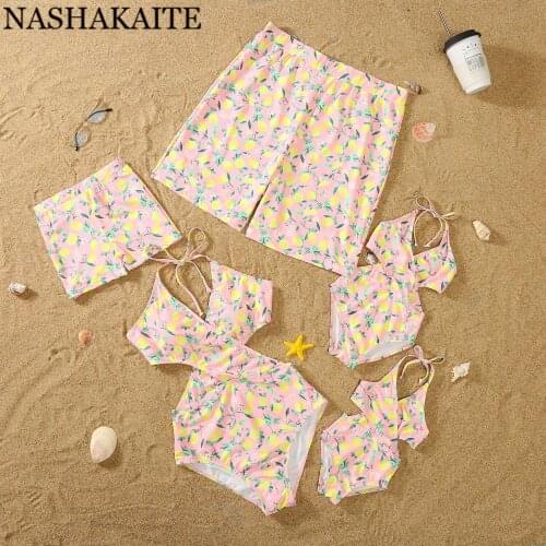 NASHAKAITE Family Swimsuit Pink Friut High Cut Out One Piece Swimwear Mother and Daghter Mommy and daughter matching clothes