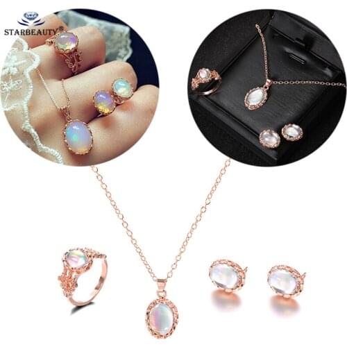 4Pcs Gold Color Pendant Necklaces Choker Water Drop Earrings & Ring Opal Jewelry Sets For Woman Bohemia Wedding Jewelry Gifts