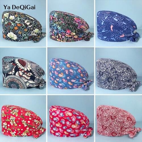 Multicolor Breathable Male and female Surgical hats Fashion CartoonPrinting Beauty Salon Nursing Cap Pure Cotton medical cap