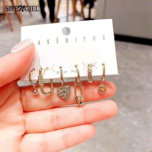 SIPENGJEL Fashion Geometric Oval Hoop Earrings Set Punk Heart Safity Pin Drop Earrings For Women Jewelry