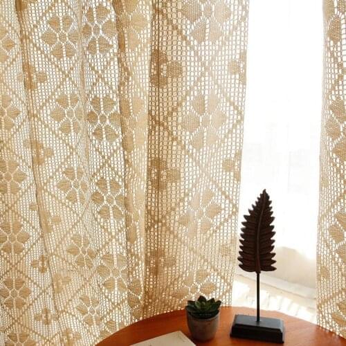 Customized American Bohemian Beige Cotton Thread Crochet Lace Curtain Living Room Hollow out Flower Balcony Window Screen Drapes