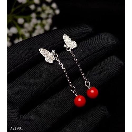 KJJEAXCMY Supporting detection Supporting Detection of 925 Silver-inlaid Natural Red Coral Female Earrings and Earrings