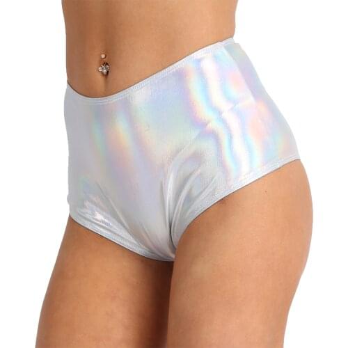 Womens Pole Dance Rave Shorts Shiny Metallic Patent Leather Back Zipper High Waisted Rave Booty Shorts Briefs Style Bottoms