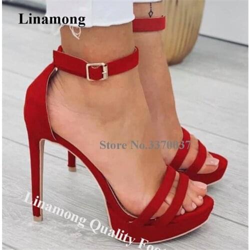 Linamong New Style Platform Stiletto Heel Sandals Thin Strap Red Suede Leather Ankle Strap Buckle High Heels Formal Dress Heels
