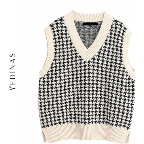 Yedinas Women Vest Sweater V Neck Sleeveless Knitted Sweaters Loose Vintage Female Waistcoat Houndstooth Chic Oversize Tops 2020